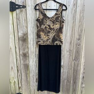 RONNI NICOLE by Ouida Sleeveless Gold Glam Glitter Overlay Black Long Dress Sz 6